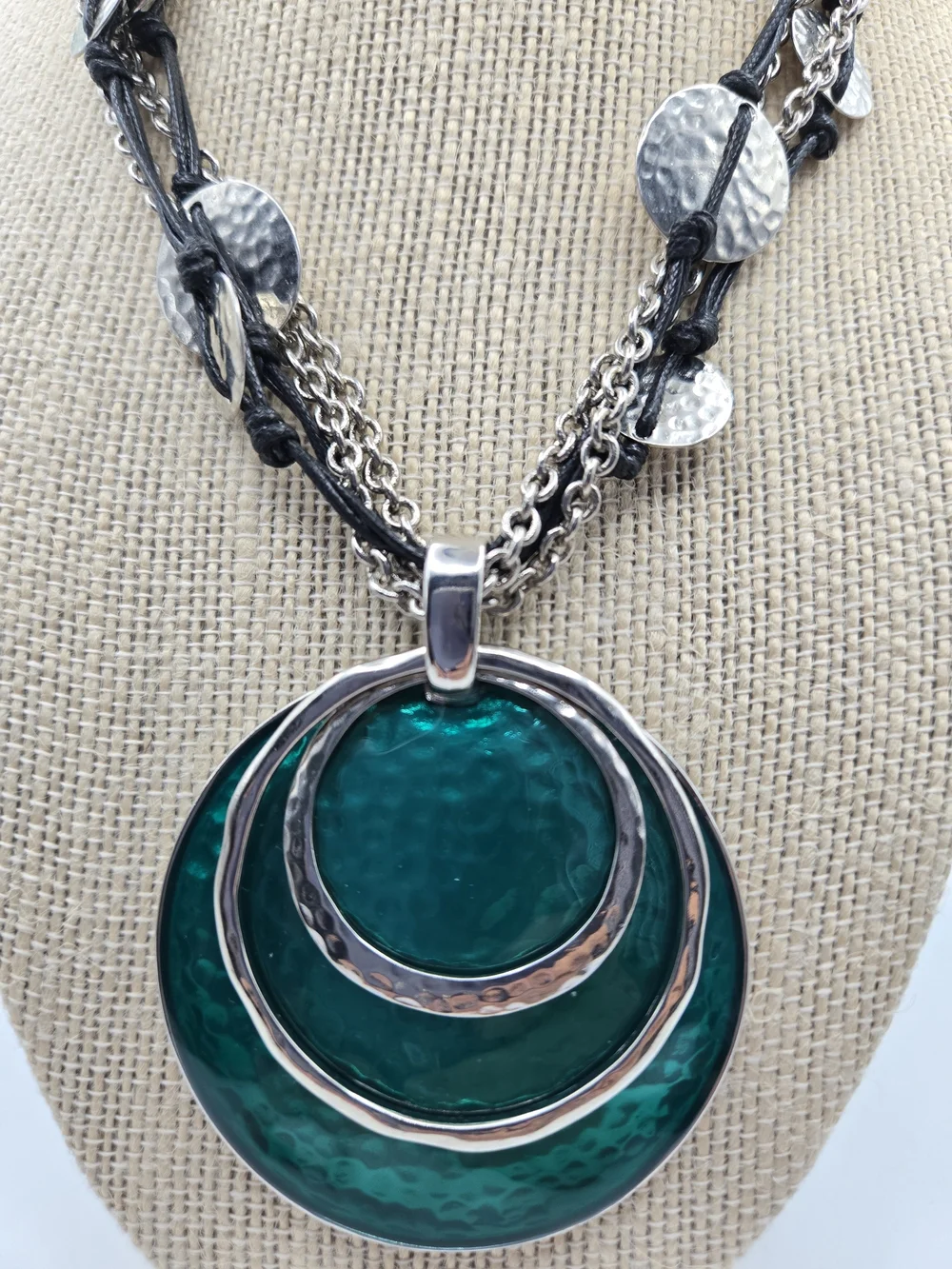 Chico's Green Teal Silver Layered Disc Pendant Necklace Mermaid Boho Bold Chic